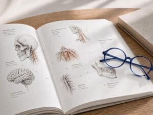 Anatomische Illustrationen zu Bruxismus und CMD zeigen den Zusammenhang zwischen Schädel, Kiefer, Wirbelsäule und Nervensystem