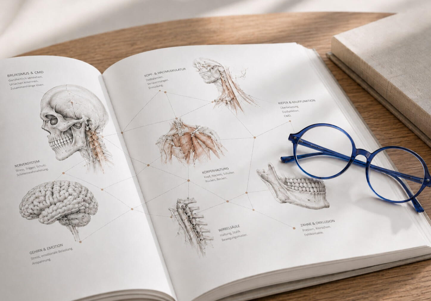 Anatomische Illustrationen zu Bruxismus und CMD zeigen den Zusammenhang zwischen Schädel, Kiefer, Wirbelsäule und Nervensystem