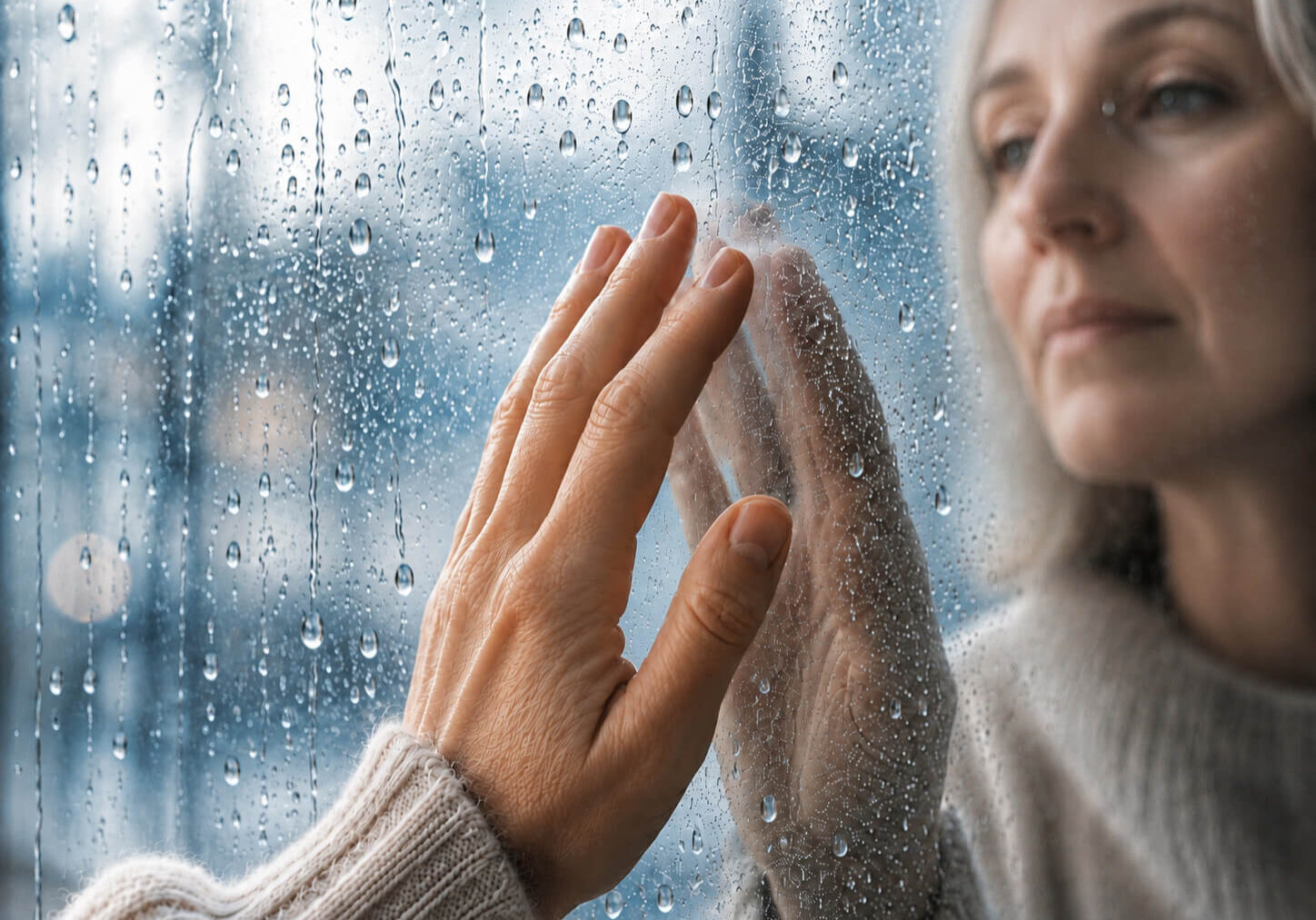Ältere Frau blickt nachdenklich durch ein regennasses Fenster – Sinnbild für unterdrückte Anspannung im Kiefer